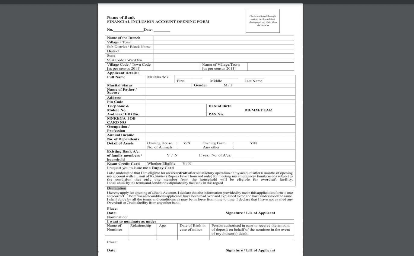 Pradhanmantri Jan Dhan Yojana Account Opening Form - English