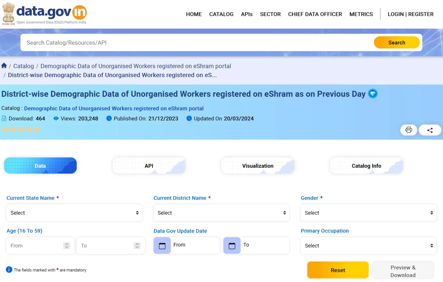 eShram Data Page